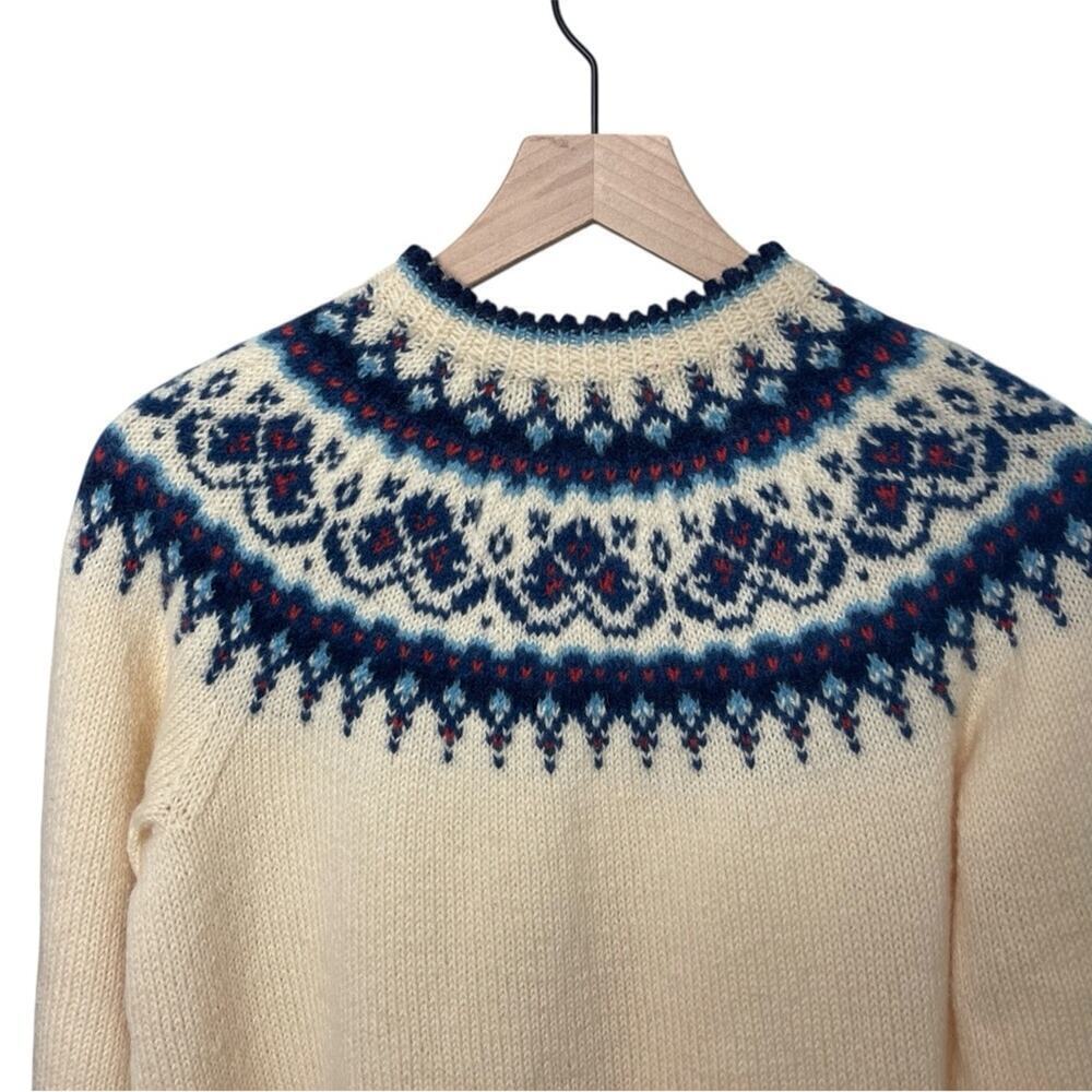NORSK HUSFLID Vtg 70s Wool Fair Isle Hand knit Fisherman cardigan Blu/Cream, S/M - Picture 6 of 10